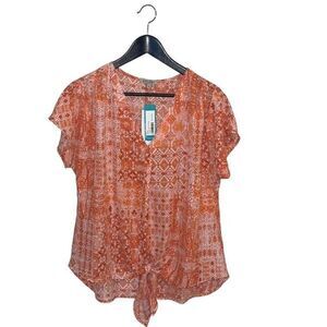 Beacon Womens Avianna Tie Front V Neck Hi Low Blouse Top‎ Orange Medium NWT
